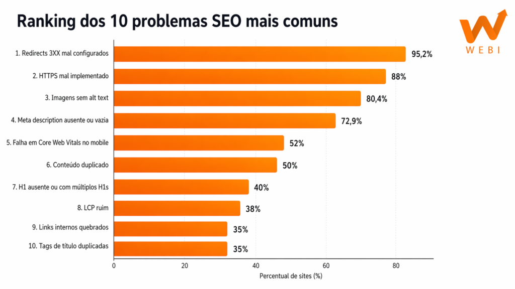 Ranking dos 10 problemas de SEO mais comuns em sites corporativos, com percentuais de incidência por estudo