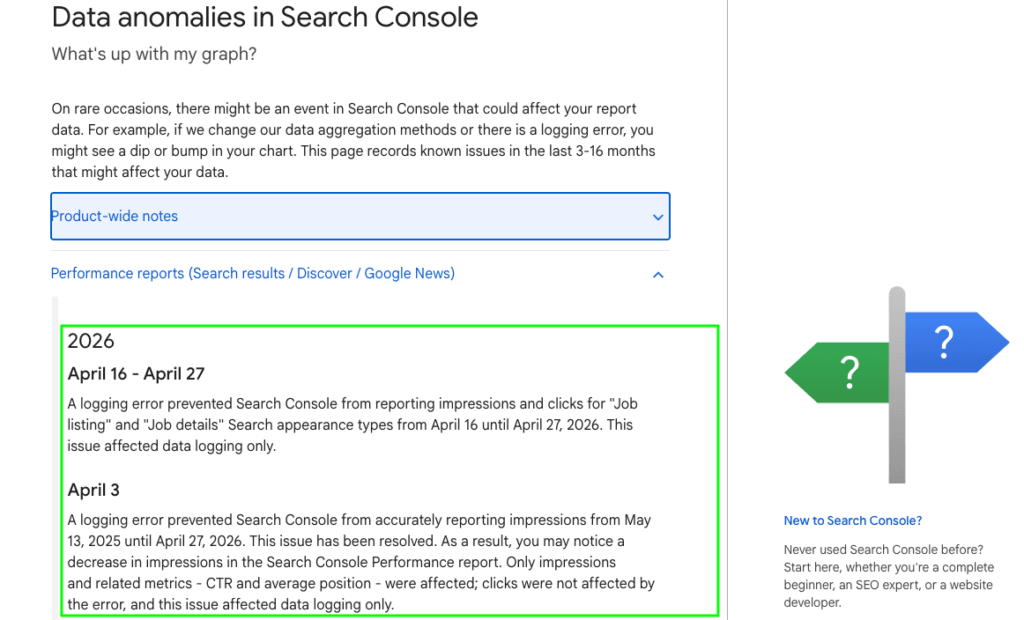 "Aviso oficial do Google sobre erro de impressões no Search Console entre maio de 2025 e abril de 2026"