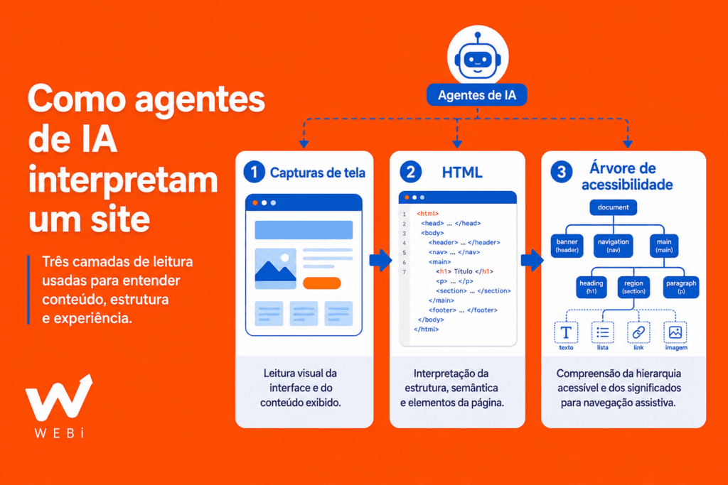 três modalidades de leitura de sites por agentes de IA: screenshot, HTML e árvore de acessibilidade