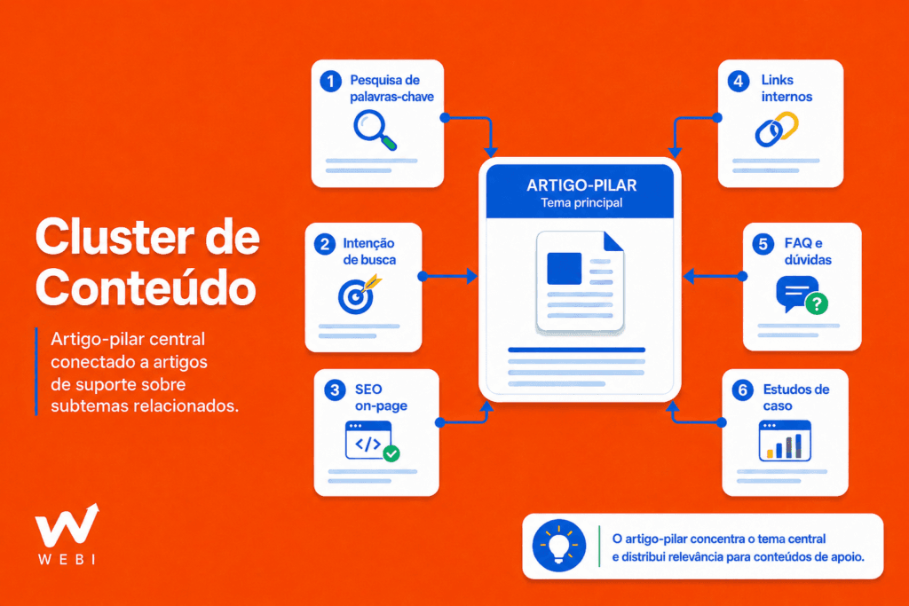 Representação visual de estrutura de cluster de conteúdo para SEO e GEO com IA em 2026