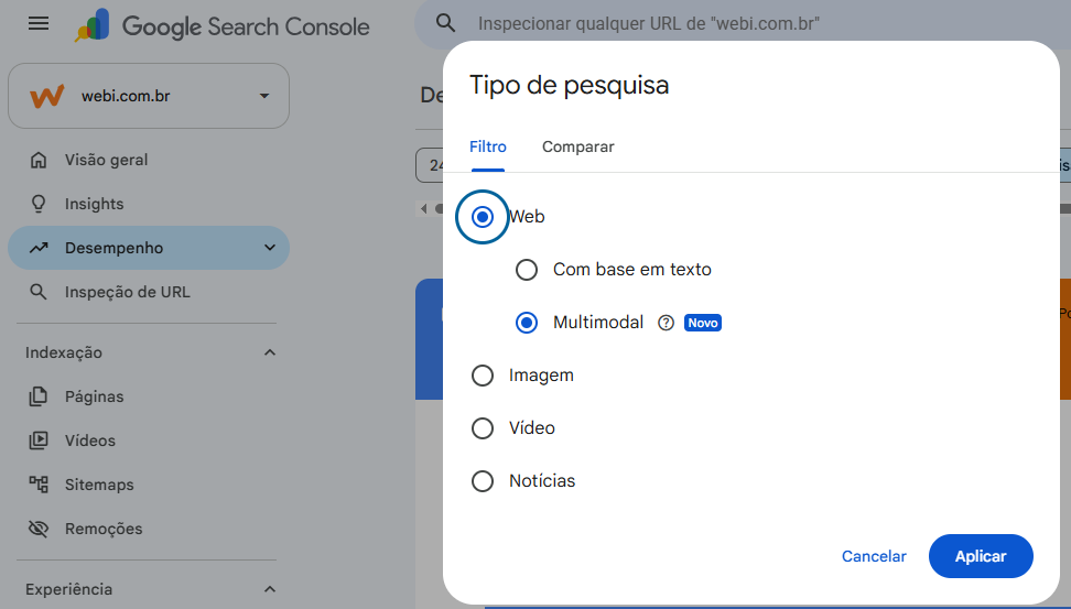 Print de uma tela de pesquisa com o logal de seleção do novo filtro de comunicação multimodal do Google Search Console, lançado neste 24/09/26
